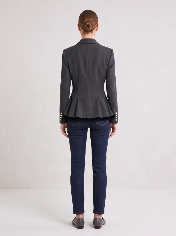 Women's Grey Peplum Pearl Button Tailored Blazer Jacket