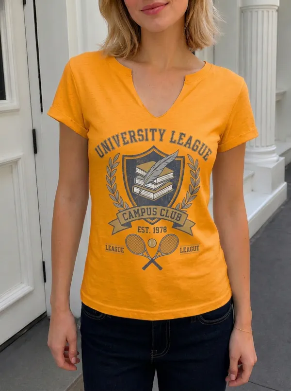 Women's University League Tennis Club Book Printed V-Neck T-Shirt