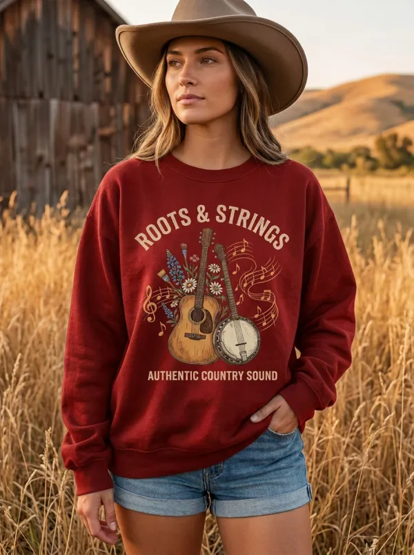 Western-Inspired Country Music Guitar Banjo Floral Crew Neck Sweatshirt
