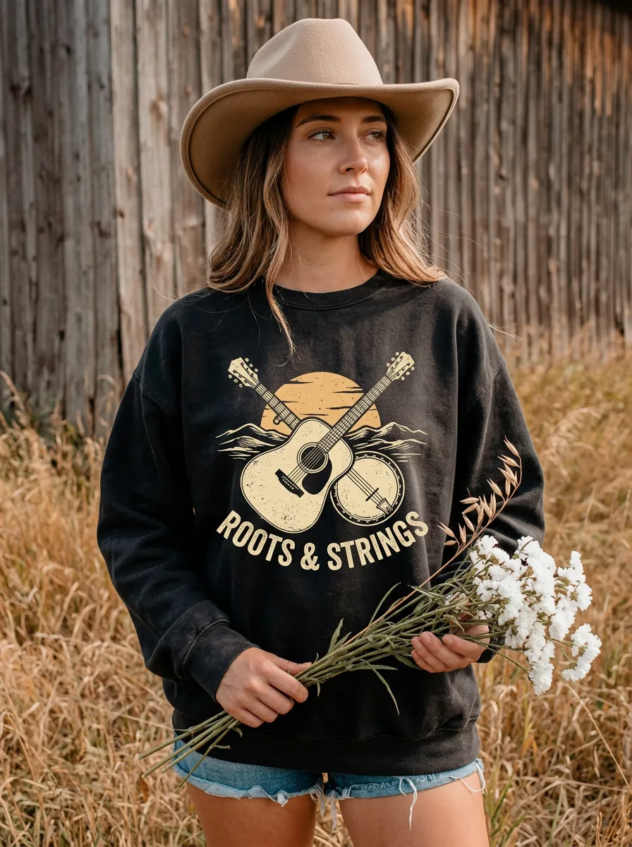 Country Music Roots and Strings Guitar Banjo Crew Neck Sweatshirt