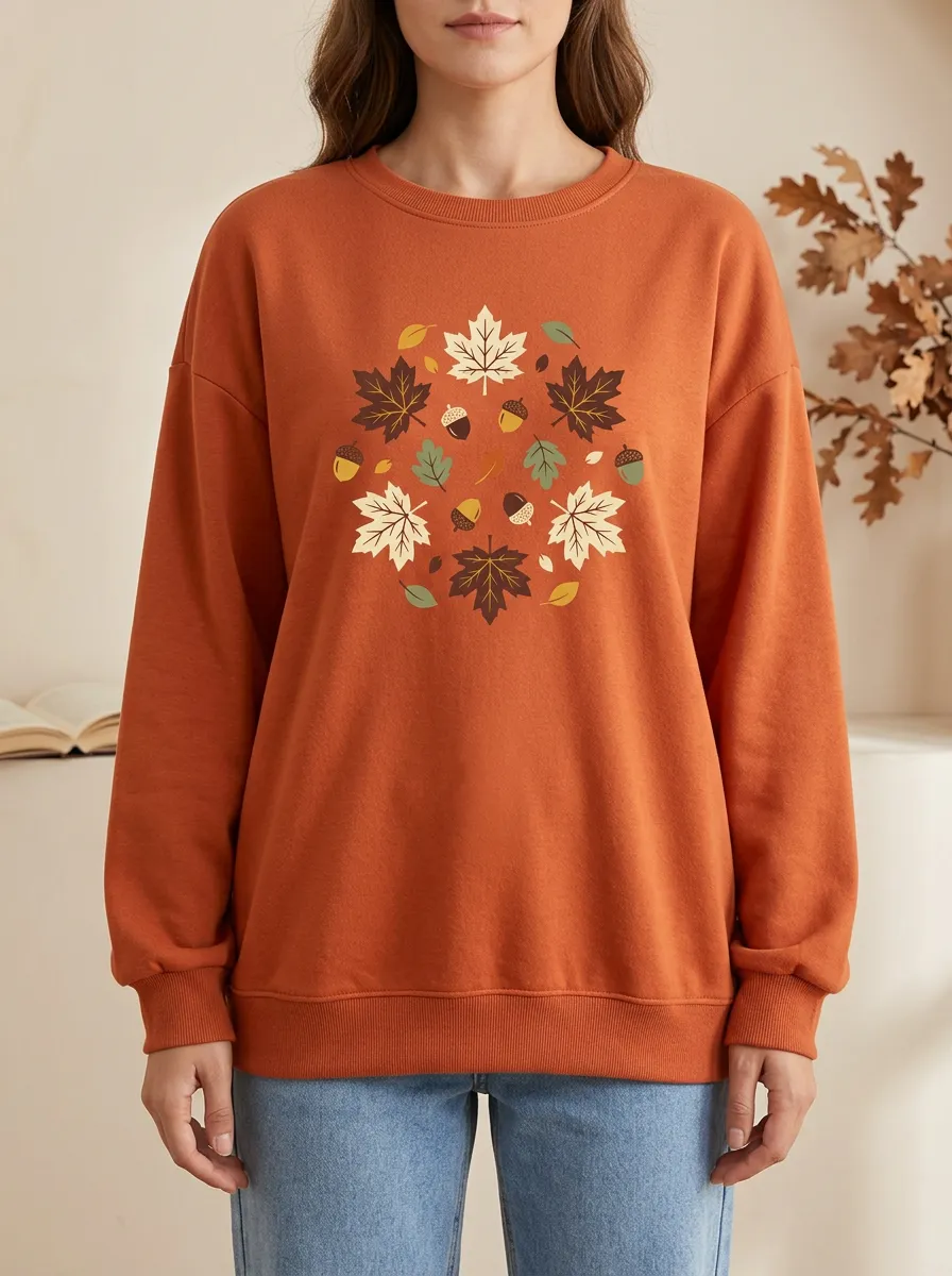 Modern Maple-Leaf Printed Acorn Graphic Sweatshirt