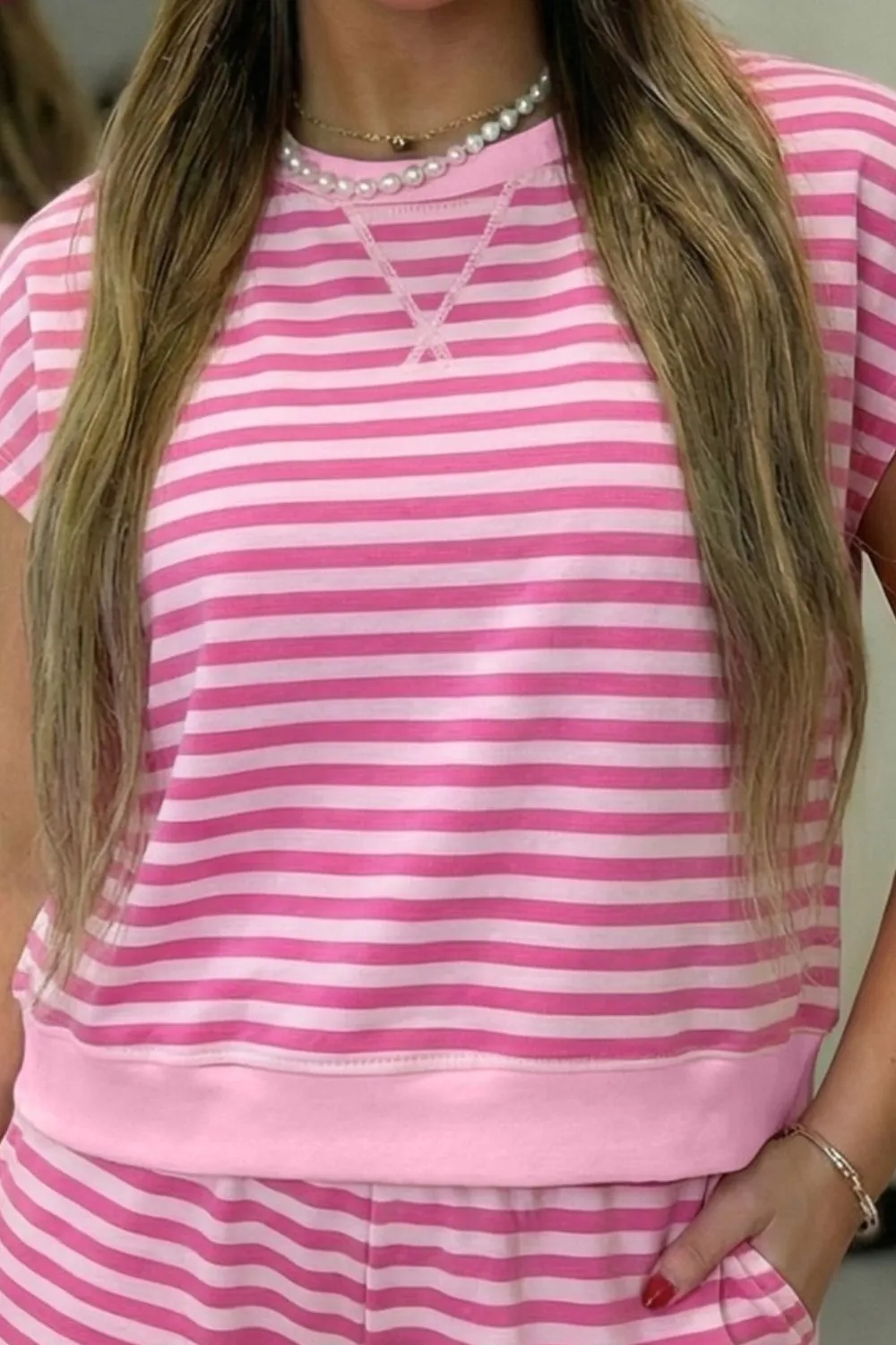 Pocketed Cotton Striped Top and Shorts Matching Set