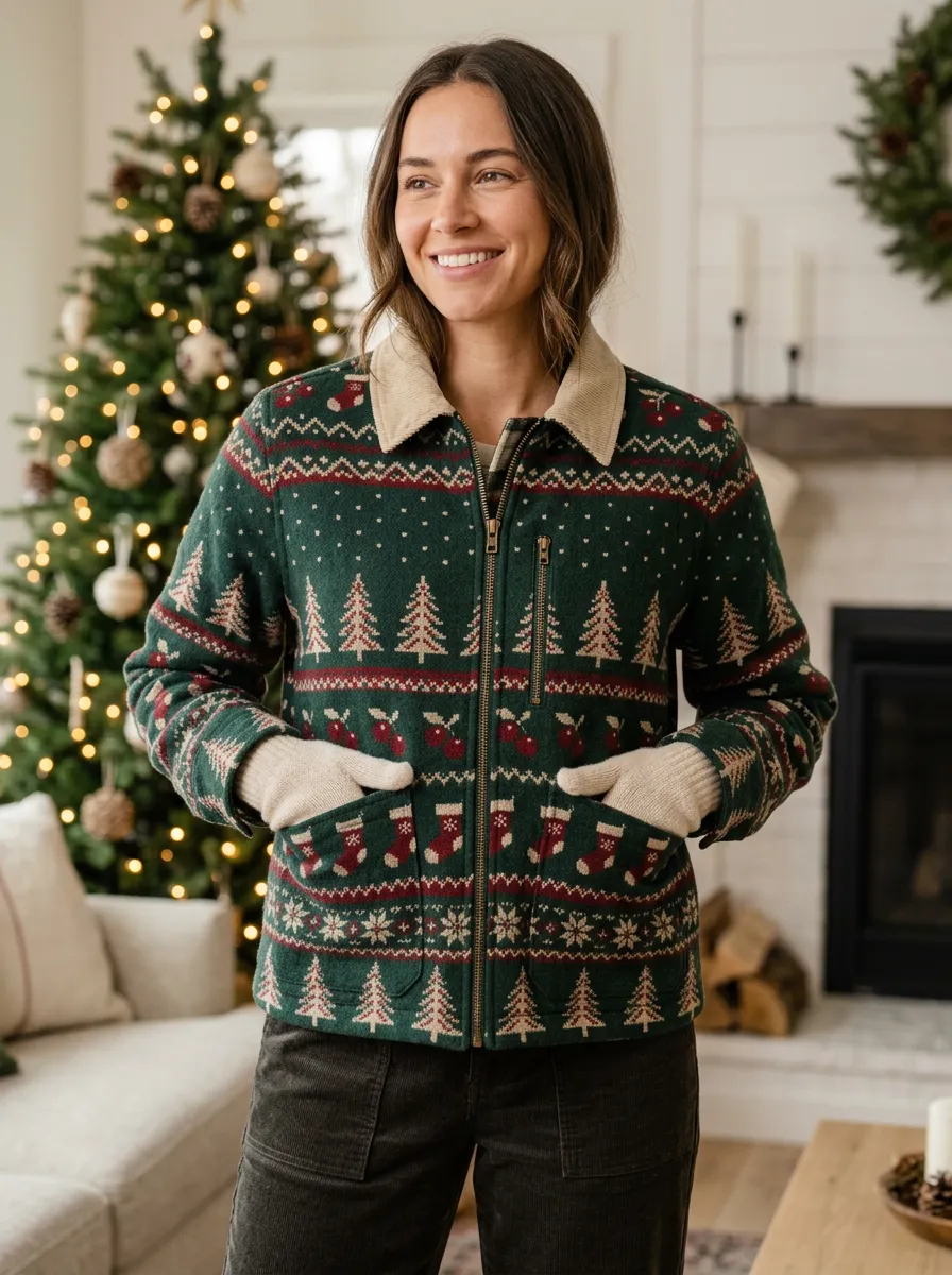 Christmas Holiday Tree Stocking Print Zip-up Jacket