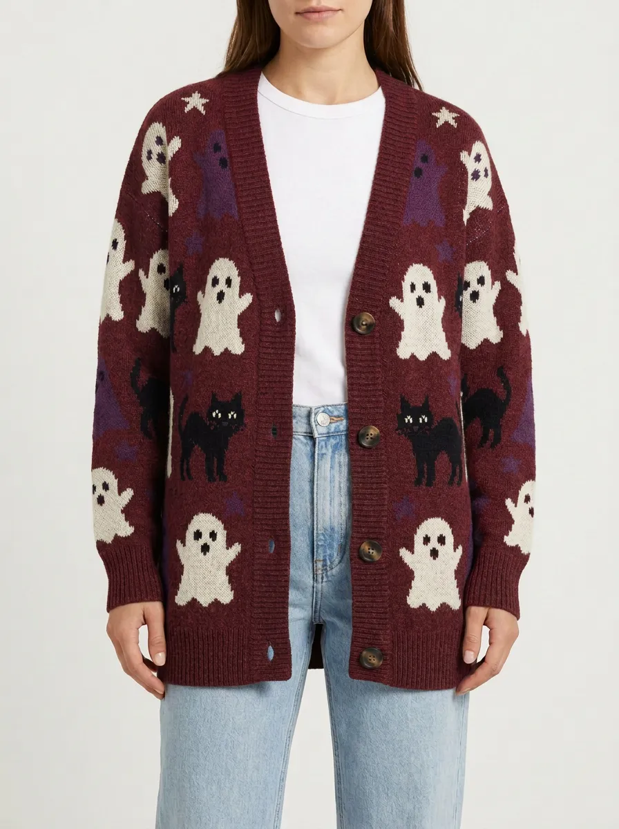 Women's Halloween Ghost Black Cat Pattern Printed Cardigan