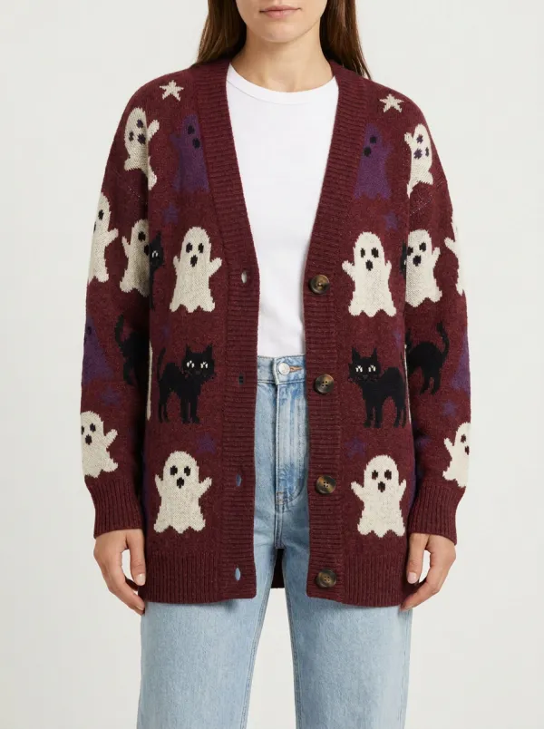 Women's Halloween Ghost Black Cat Pattern Printed Cardigan