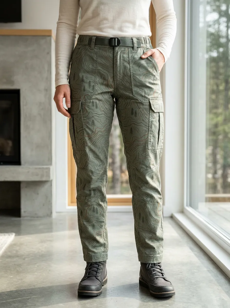 Women's Hiking Lover Topographic Forest Printed Cargo Pants