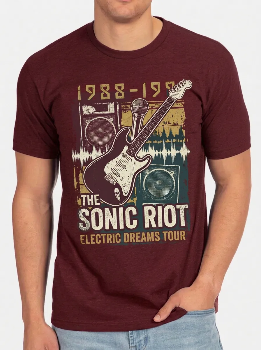 Men's Rock Music Lover Vintage Guitar Microphone Printed T-shirt
