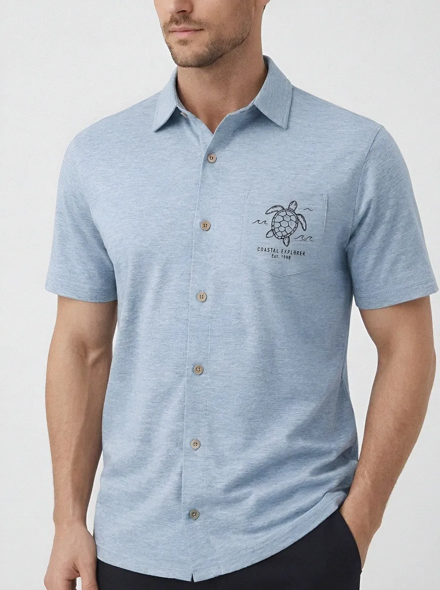 Men's Coastal Explorer Sea Turtle Printed Button-Up Shirt