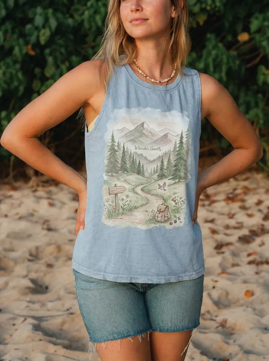 Women's Nature Lover Wander Gently Mountain Forest Printed Tank Top
