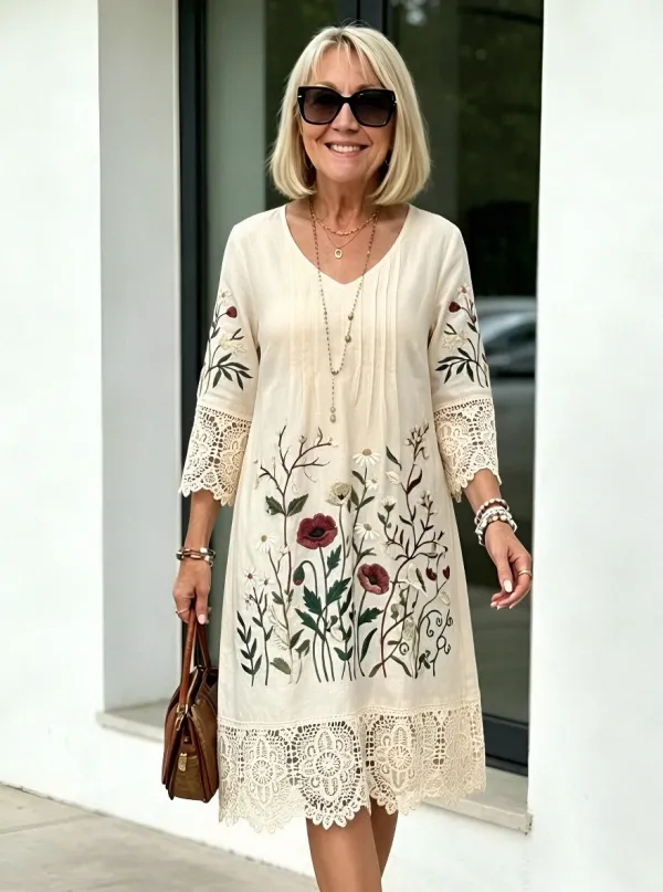 Women's Summer Vacation Navy Blue Embroidered Trim Linen Midi Dress
