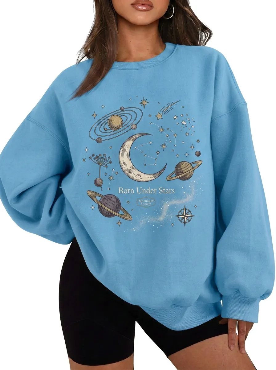 Women's Celestial Astrology Born Under Stars Printed T-shirt