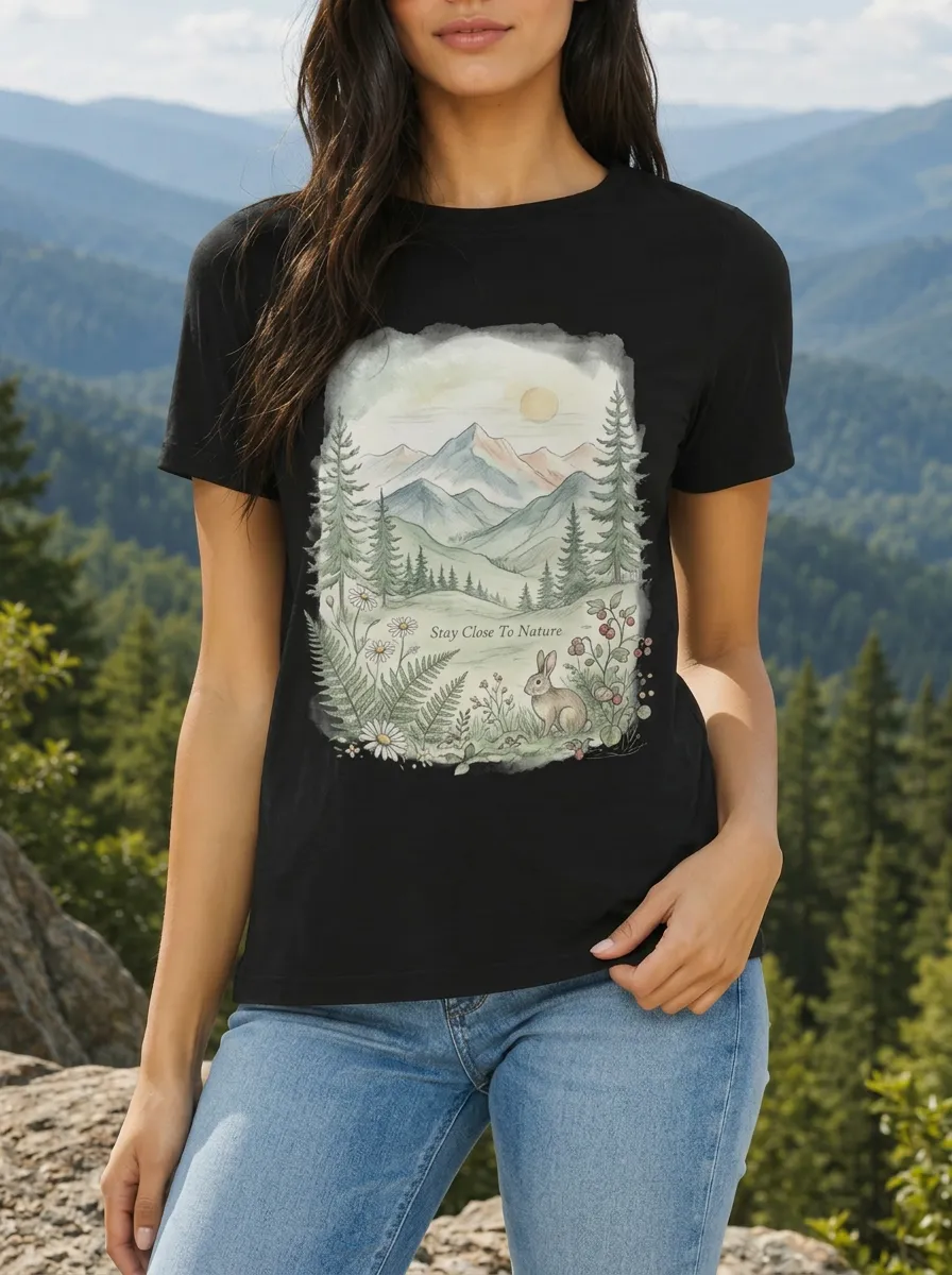Women's Nature Lover Mountain Rabbit Forest Printed T-shirt