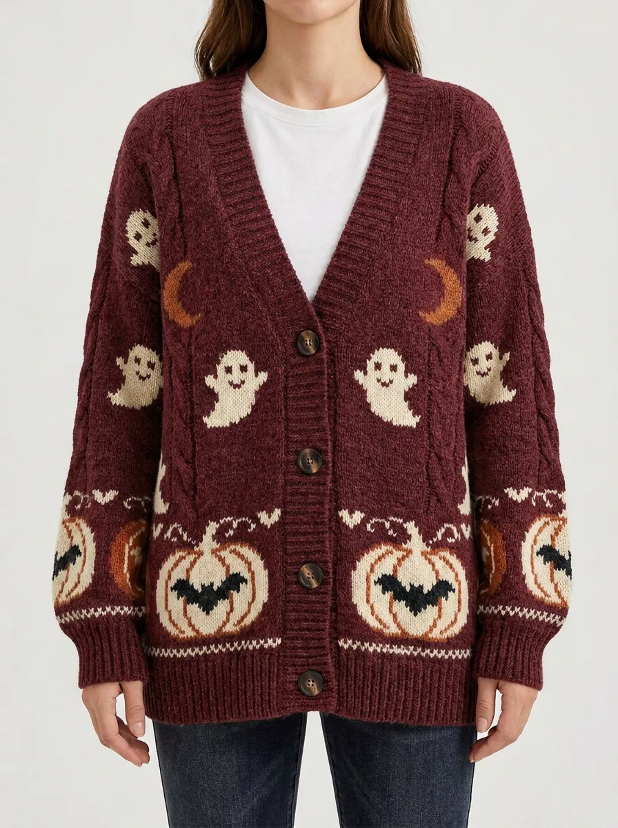 Women's Halloween Ghost Pumpkin Moon Pattern Knitted Cardigan