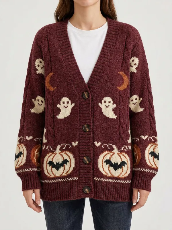 Women's Halloween Ghost Pumpkin Moon Pattern Knitted Cardigan