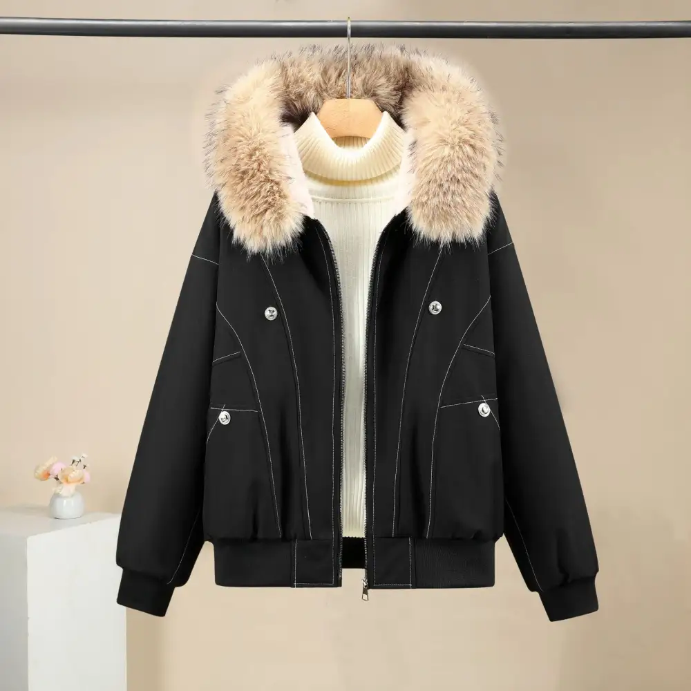 Cropped Faux Fur Stand Collar Ribbed Trim Bomber Jacket