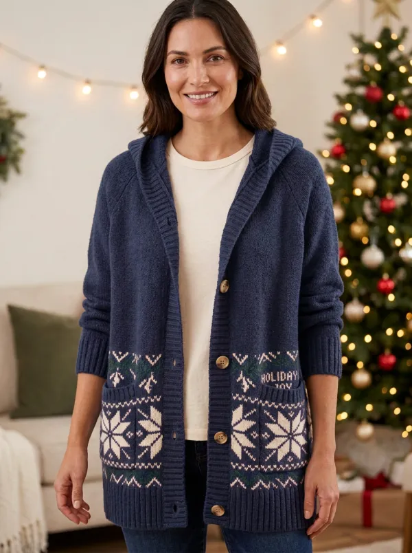 Christmas Holiday Snowflake Pattern Knit Hooded Cardigan