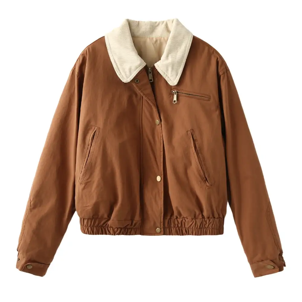 Cropped Corduroy Zip Front Bomber Jacket