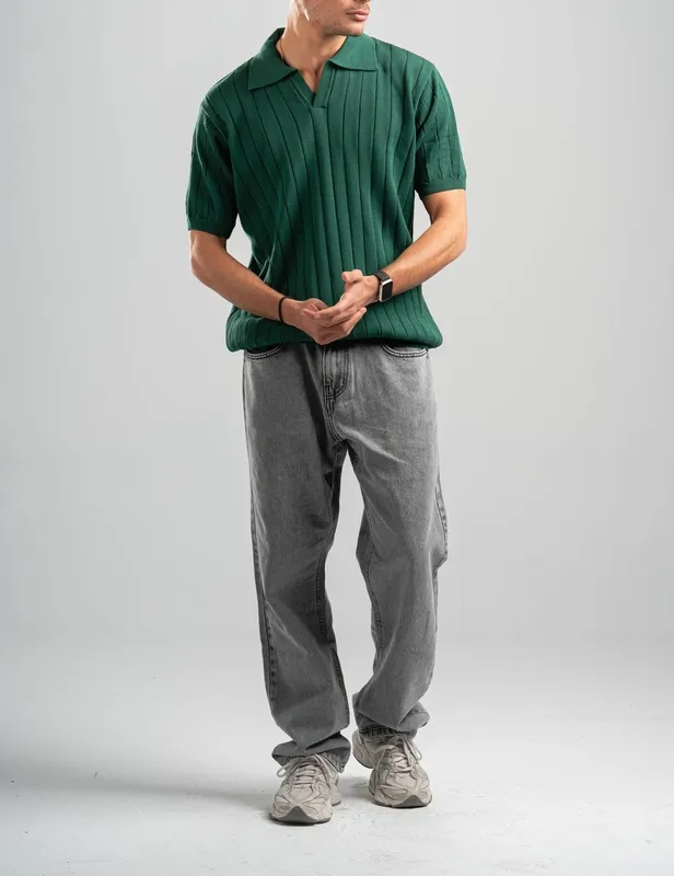 Dark Green Line Texture Knit Polo Shirt