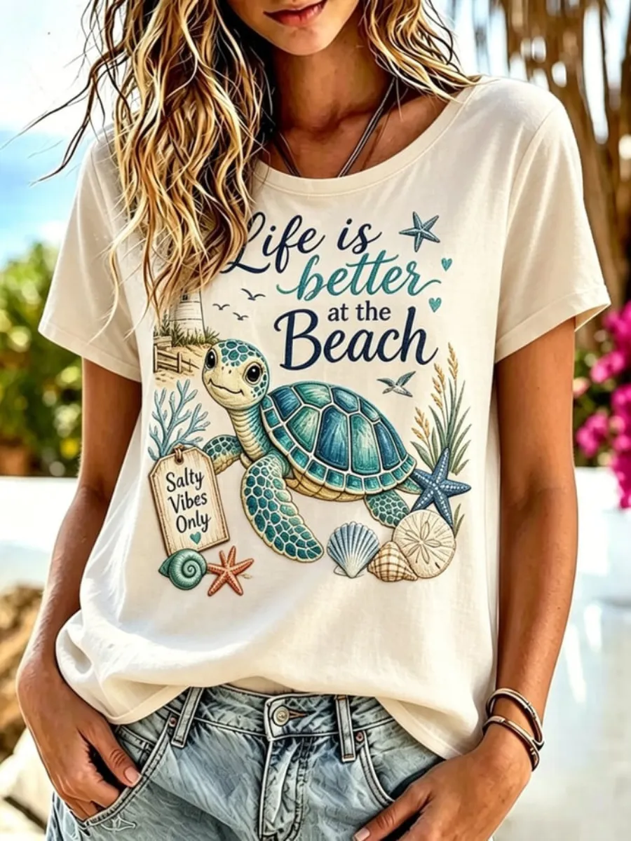 Women's Retro Vacation Beach Colorful Turtle Printed T-Shirt