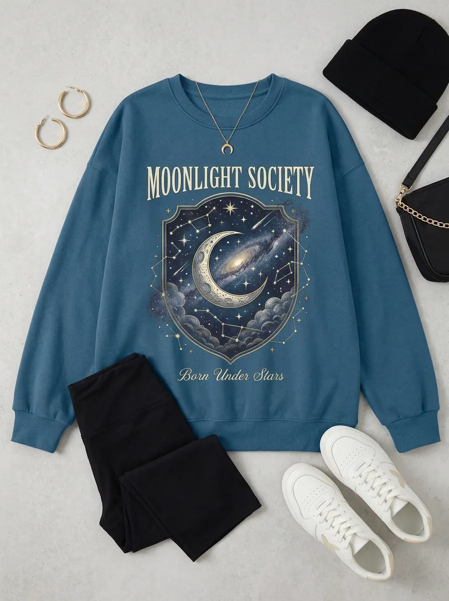 Women's Celestial Moonlight Society Born Under Stars Printed T-shirt