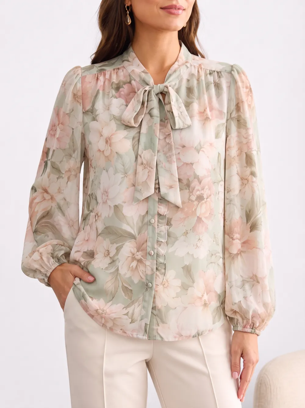 Women's Floral Print Bow Tie Neck Long Sleeve Printed Blouse