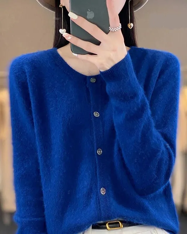Classic Mink-Cashmere Cashmere Button-Front Crew-Neck Cardigan