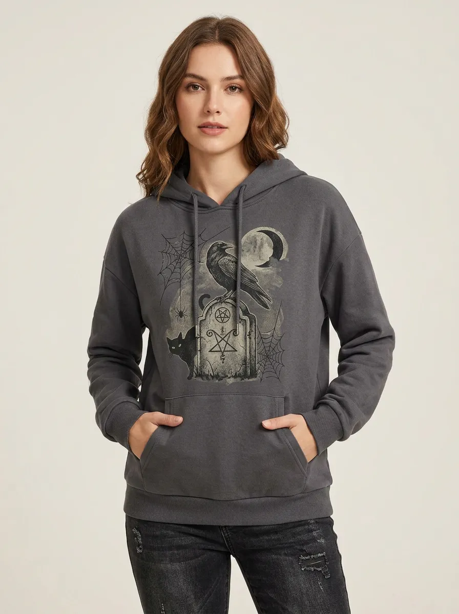 Women's Halloween Gothic Raven Tombstone Printed Hoodie