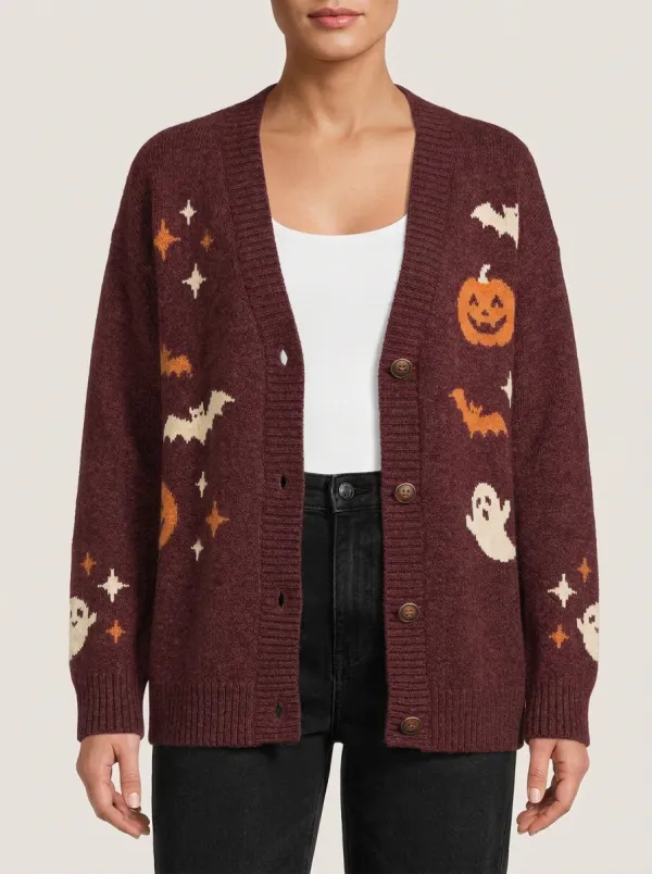 Women's Halloween Ghost Pumpkin Bat Pattern Knitted Cardigan