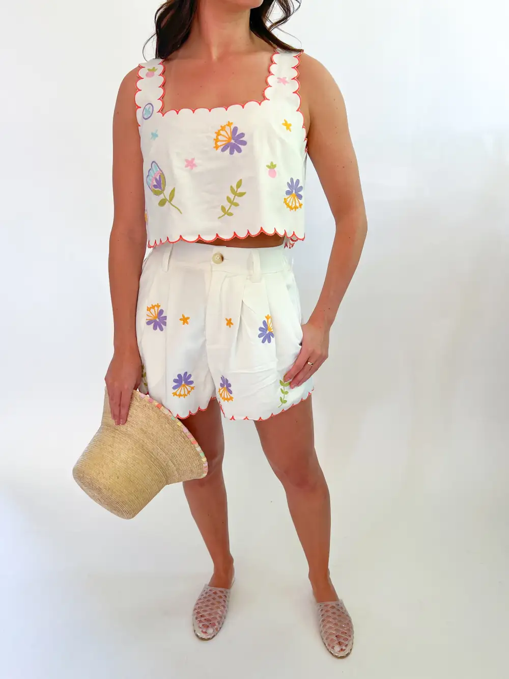 Embroidered Top And Shorts Set Button Detail