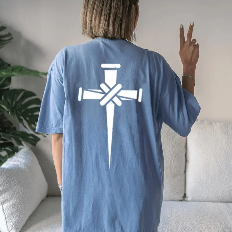 Christian Minimalist Religious Cross Calvary Three Nails Women's Oversized Comfort T-Shirt Back Print