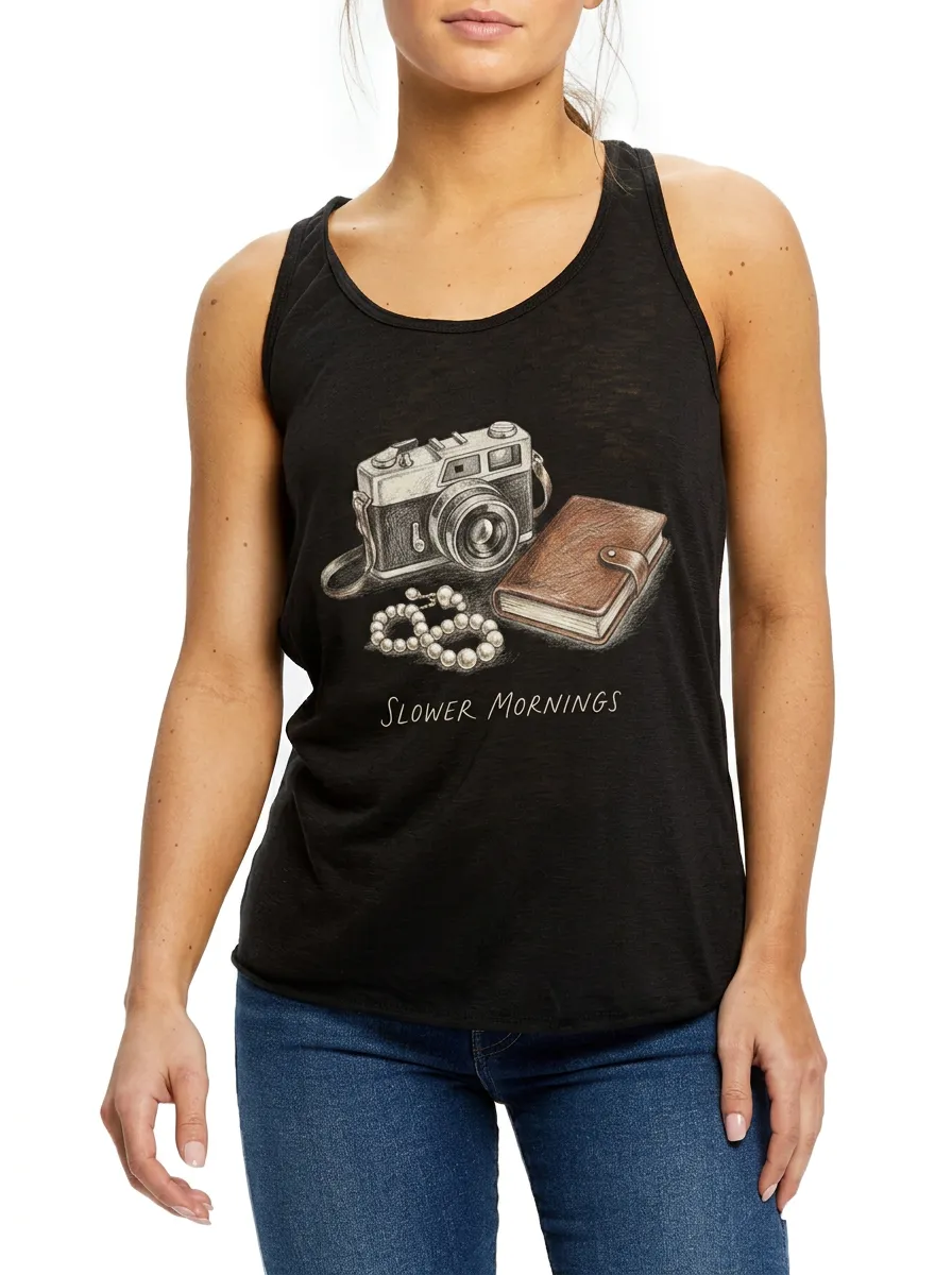 Women's Slower Mornings Camera Journal Pearl Printed Tank Top