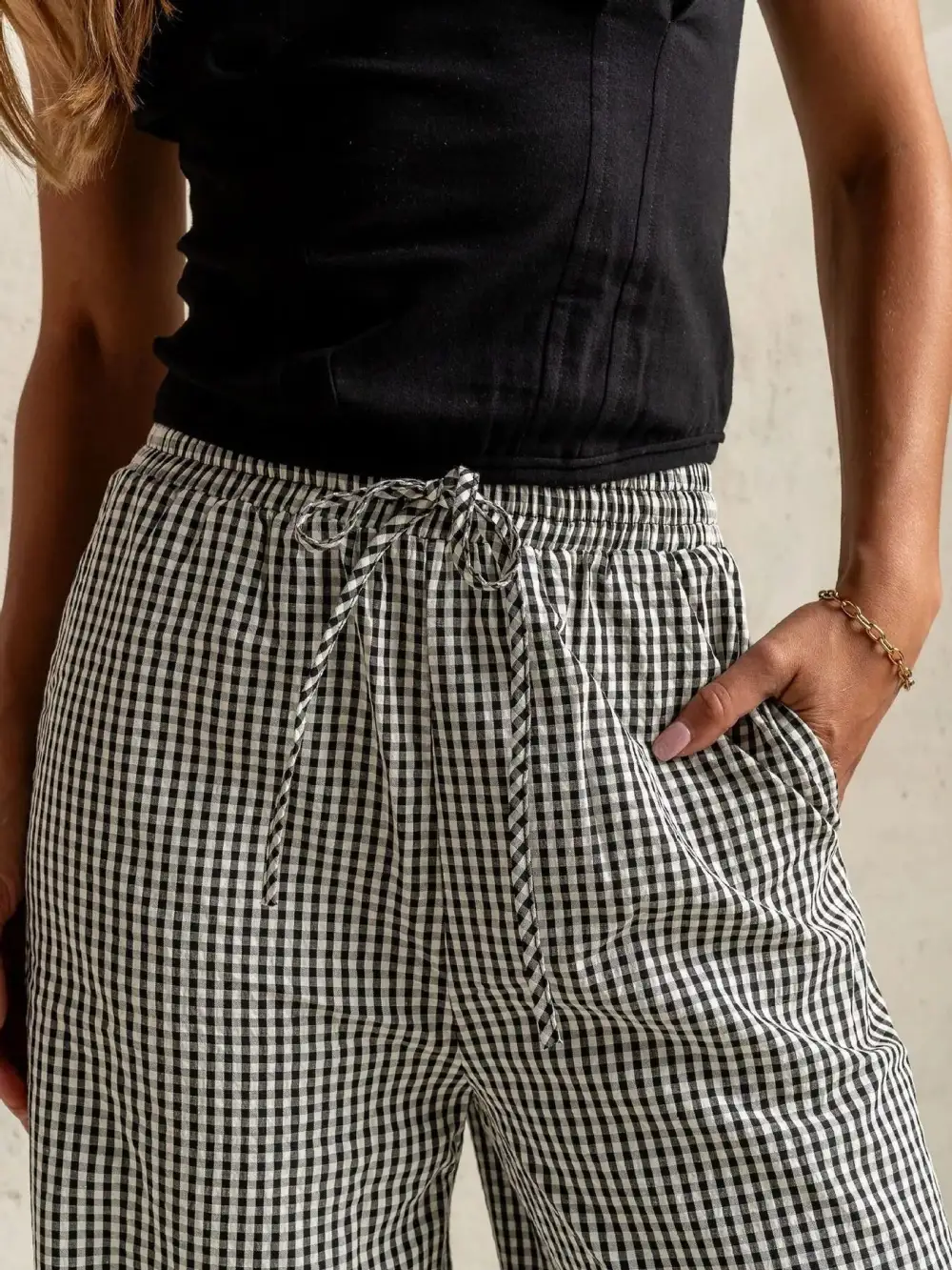 Wide Leg Gingham Drawstring Pocketed Pants