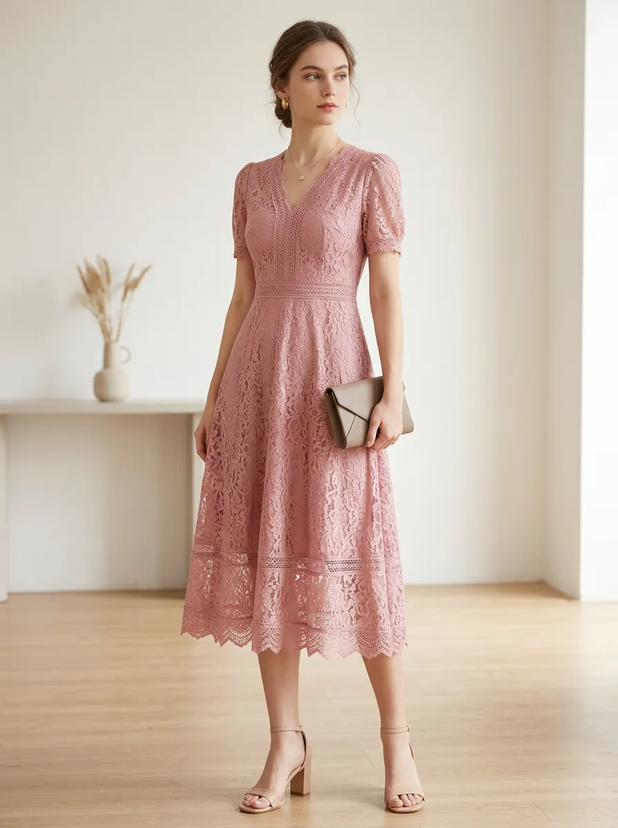 Women's Elegant Vintage Pink Floral Lace V-Neck Midi Dress