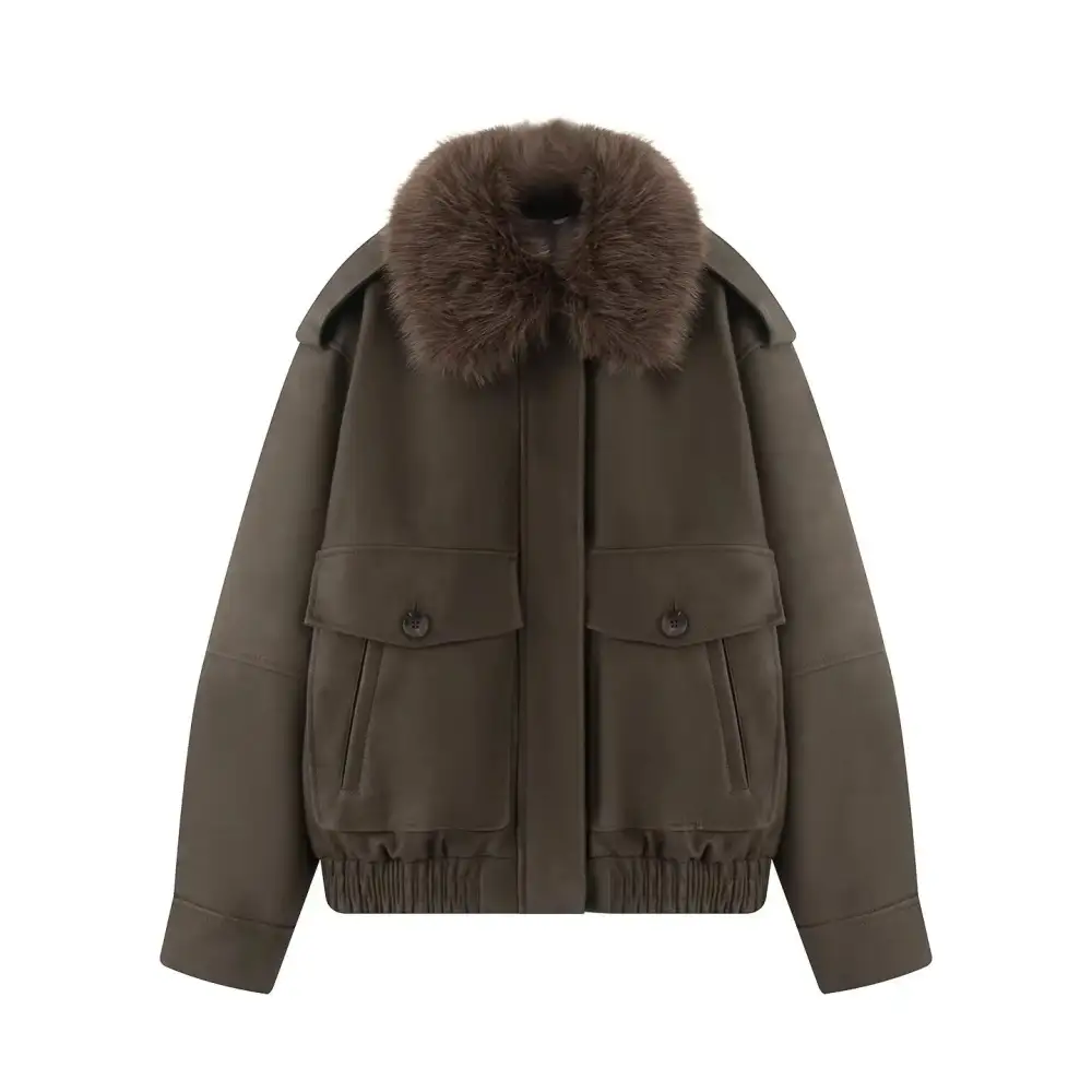 Aviator Quilted Faux Fur Flap Pocket Bomber Jacket