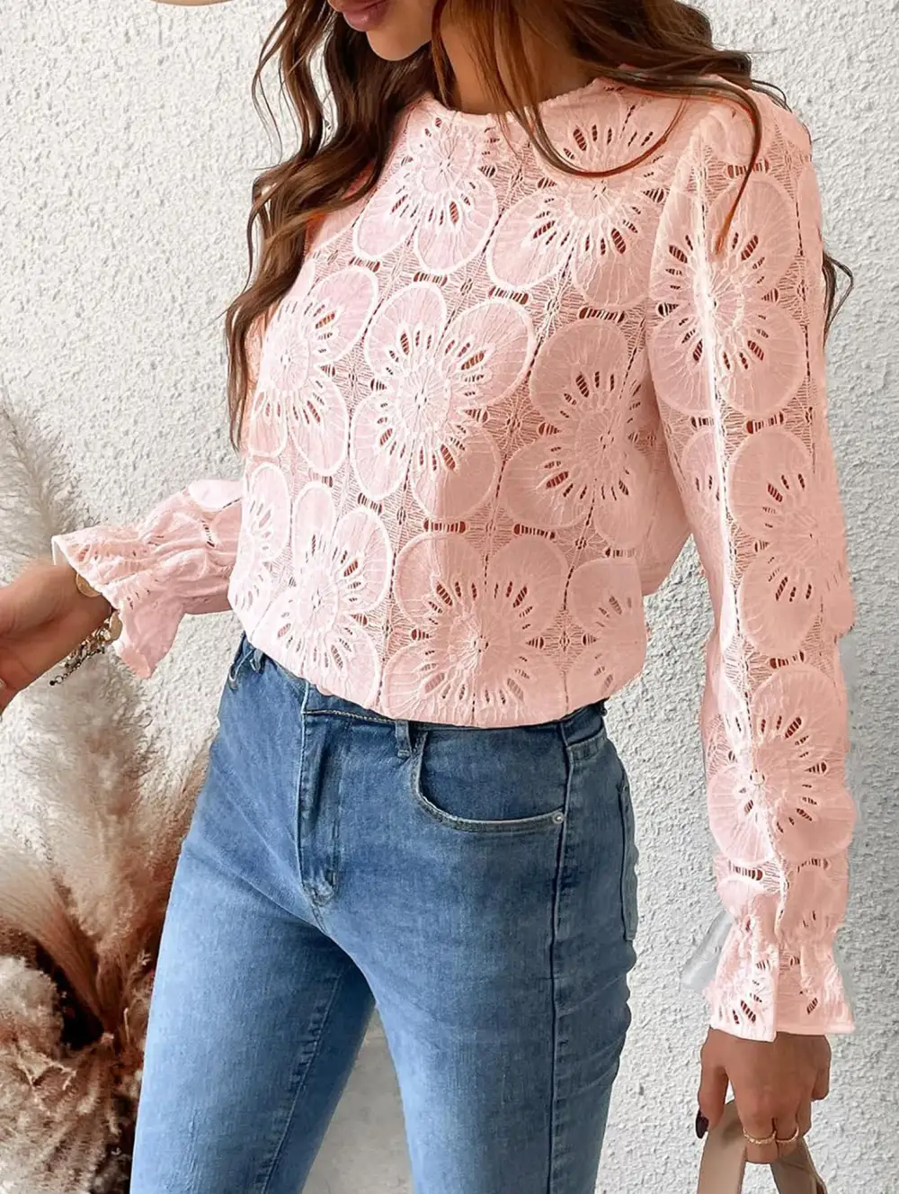 Openwork Lace Long Sleeve Blouse