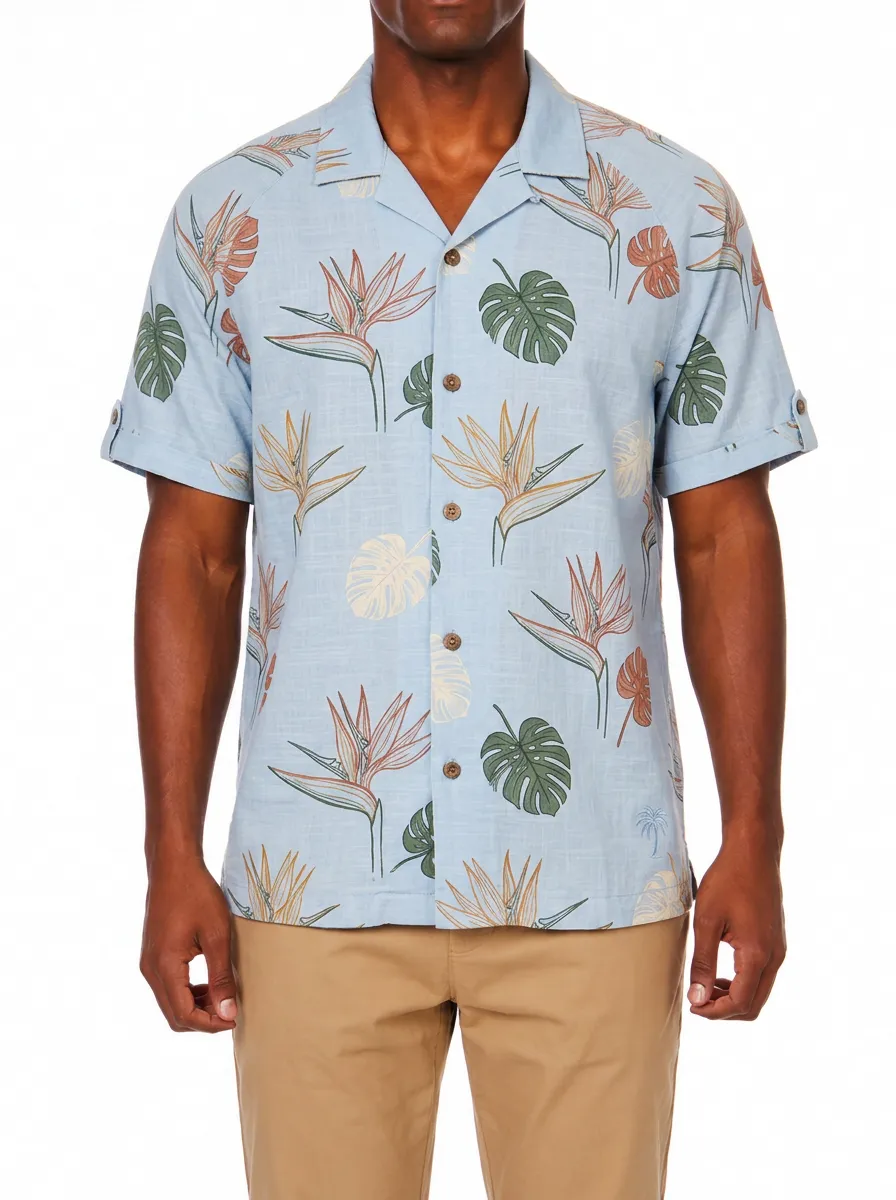 Men's Tropical Vacation Bird of Paradise Monstera Leaf Printed Shirt