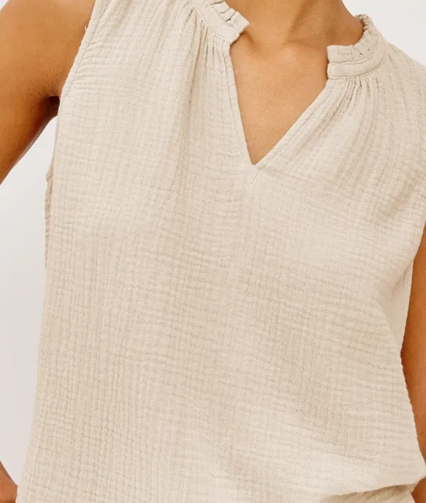 Sleeveless V Neck Textured Linen Blend Casual Top