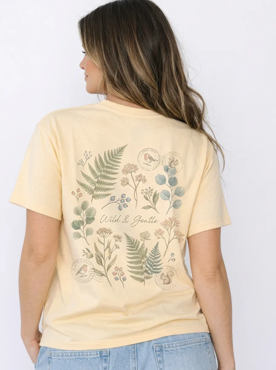 Women's Nature Lover Wild & Gentle Botanical Fern Bird Printed T-shirt