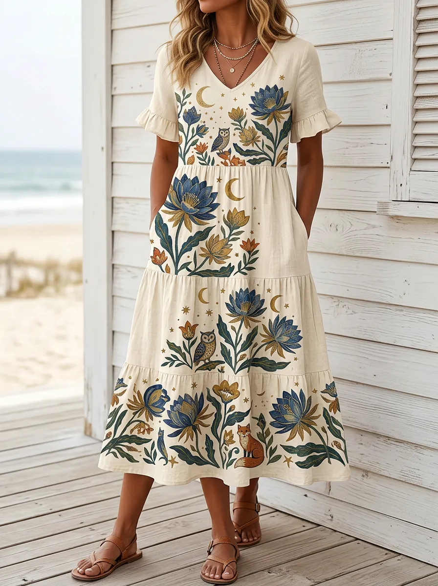 Women's Boho Celestial Owl Fox Floral Printed Midi Dress