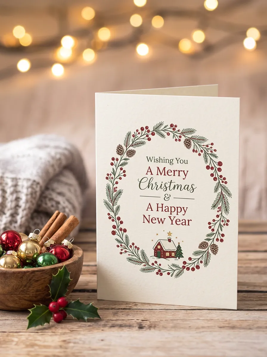 Christmas Classic Wreath Cabin Greeting Card
