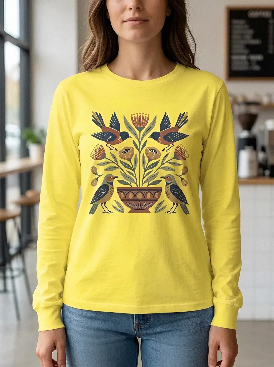 Women's Folk Art Bird and Floral Printed Long Sleeve Top