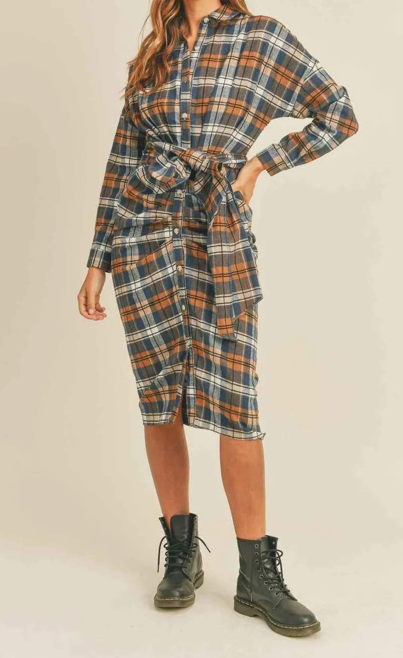 Flannel Tie Button Mini Dress