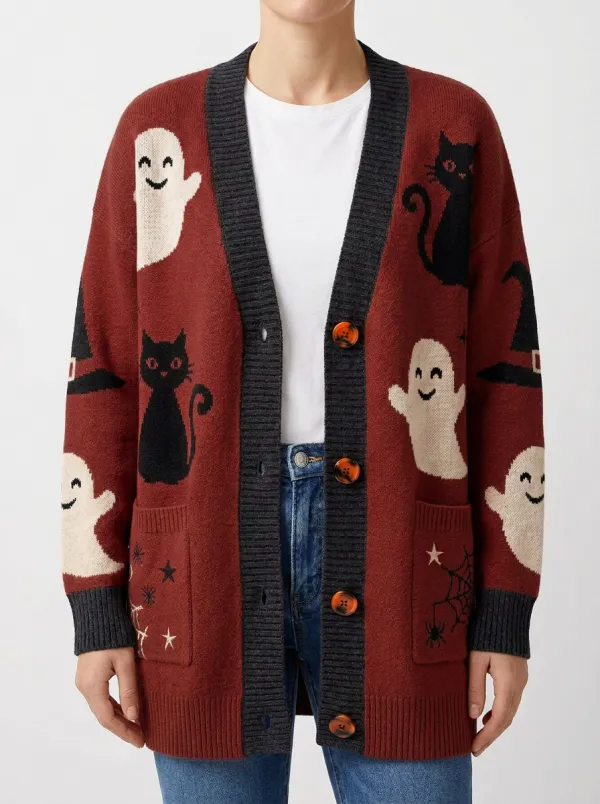 Women's Halloween Ghost Cat Pattern Printed Cardigan