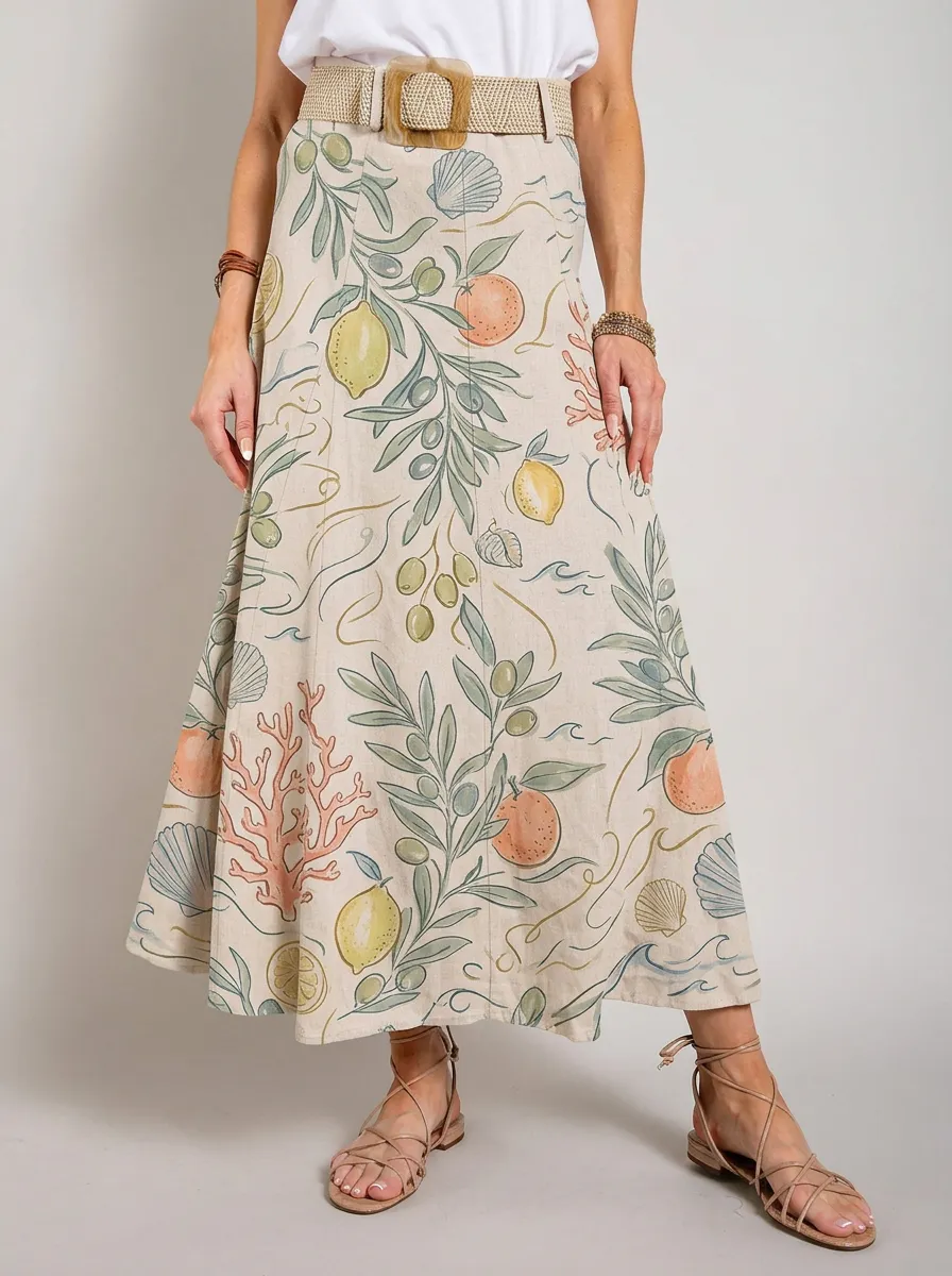 Women's Mediterranean Fruit Coral Shell Printed Maxi Skirt