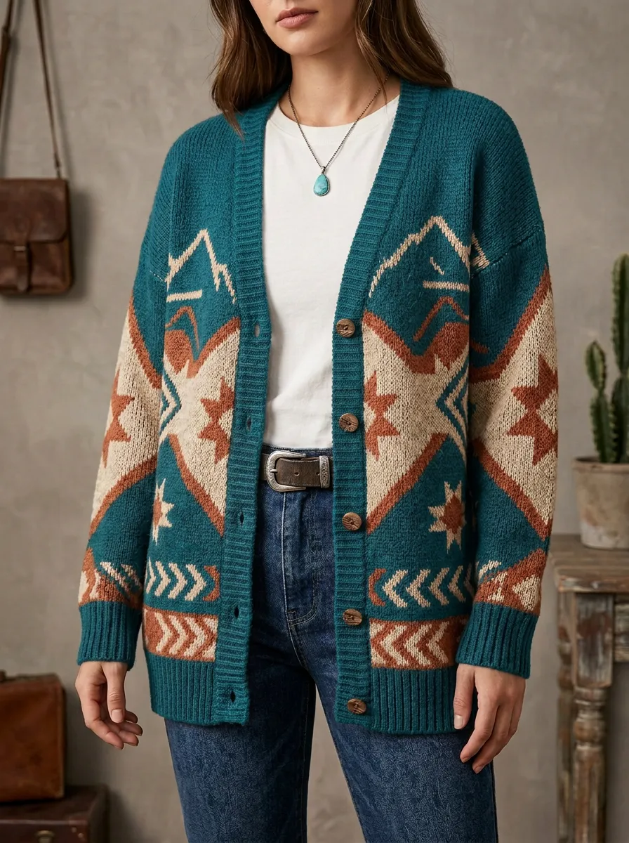 Women's Western Style Geometric Mountain Pattern Knitted Cardigan