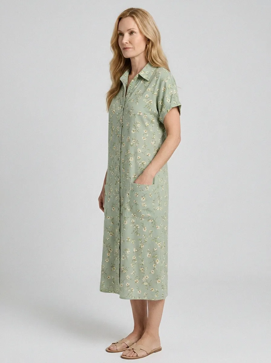 Women's Summer Vacation Sage Green Floral Printed Shirt Dress