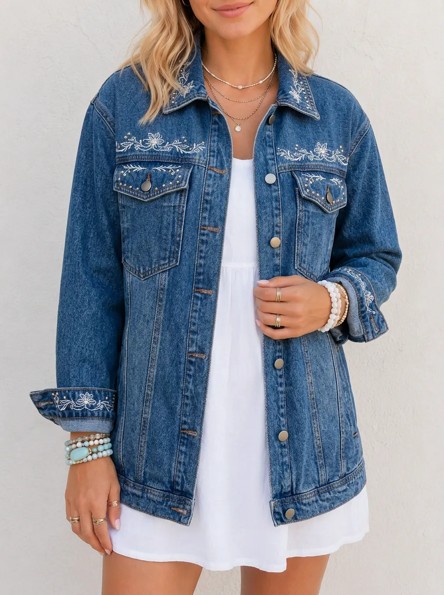 Women's Boho Style Floral Embroidery Printed Denim Jacket