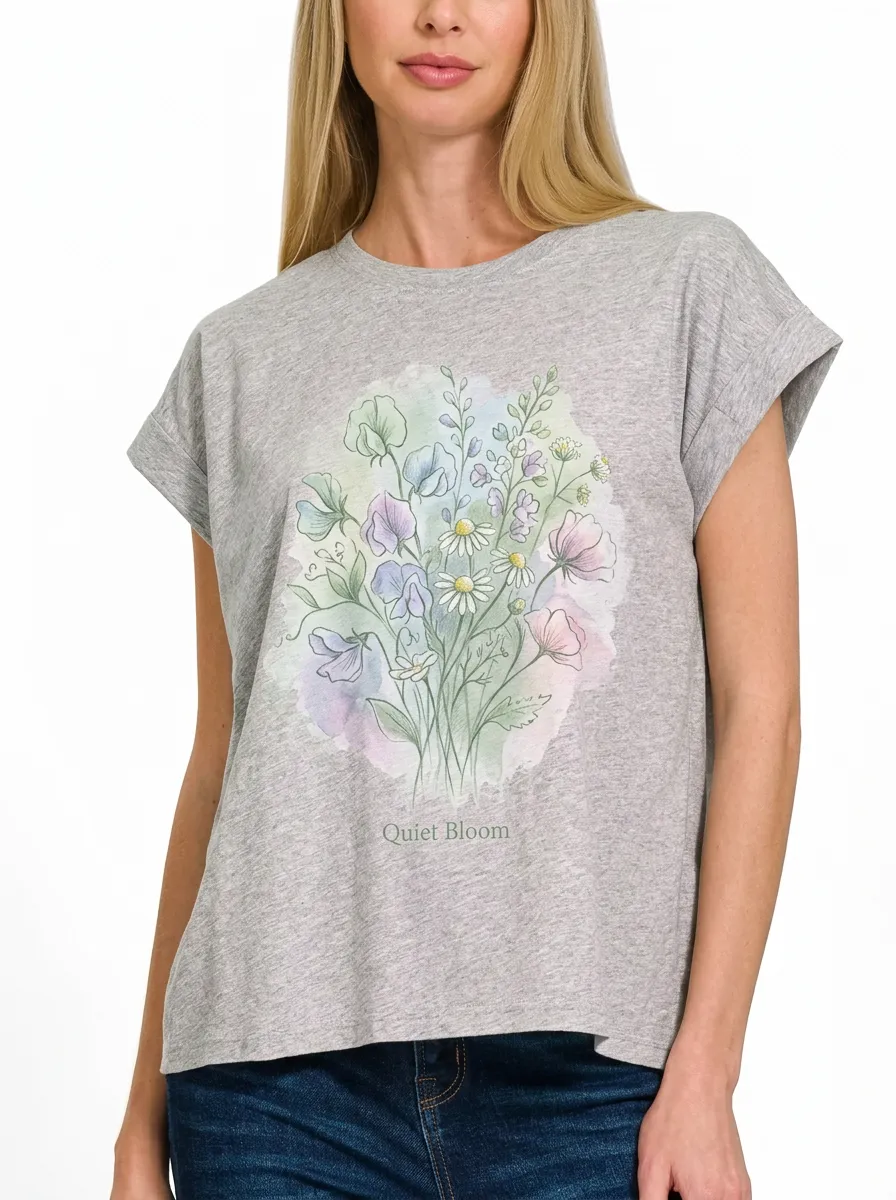 Women's Quiet Bloom Wildflower Bouquet Watercolor Printed T-shirt