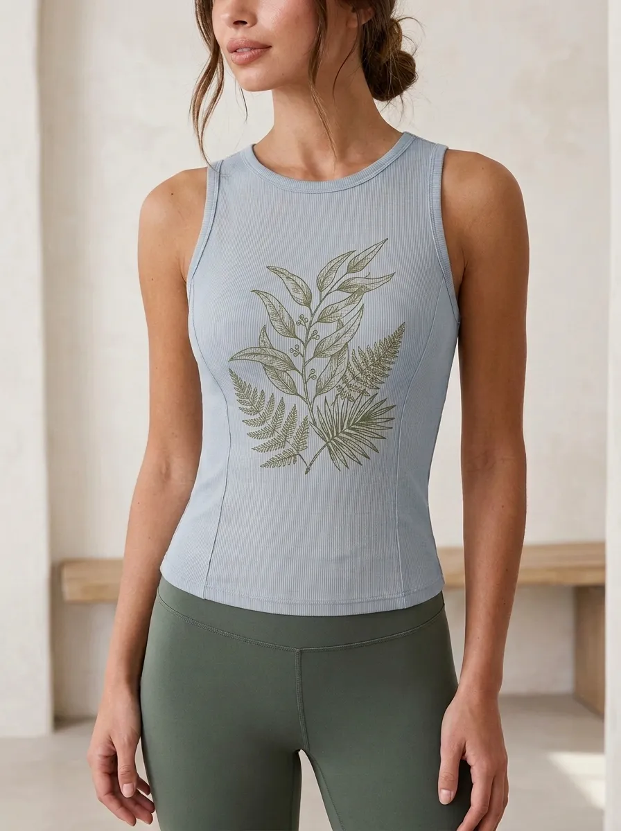 Women's Nature Lover Botanical Fern Printed Ribbed Tank Top