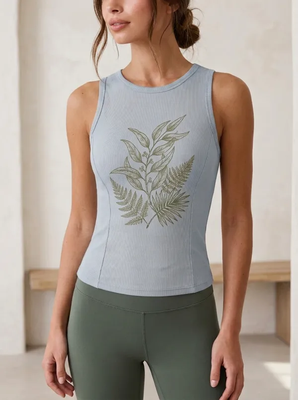 Women's Nature Lover Botanical Fern Printed Ribbed Tank Top